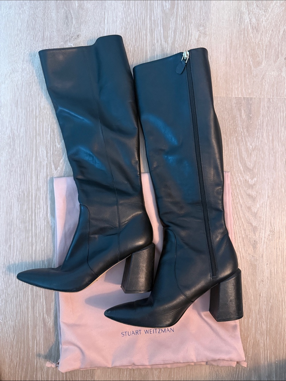 Stuart Weitzman Black Leather Knee-High Block Heel Boots